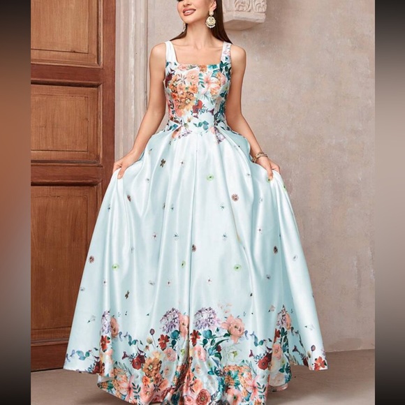 Luxe floral print square neck zip up back party portal gown dress - Picture 2 of 6